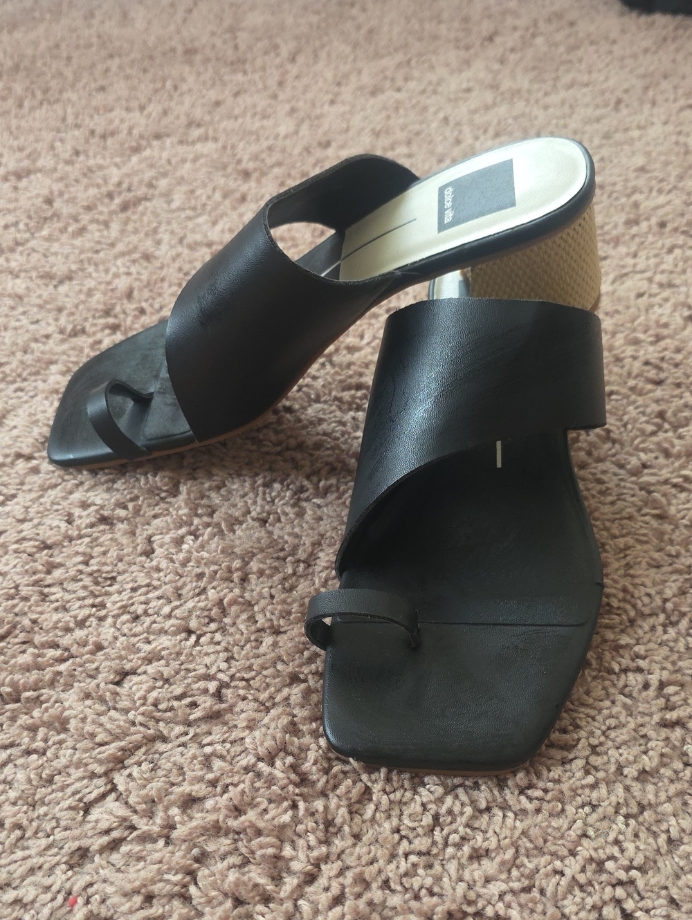 Dolce Vita Black Toe-Loop Slide Mules with Textured Block Heel